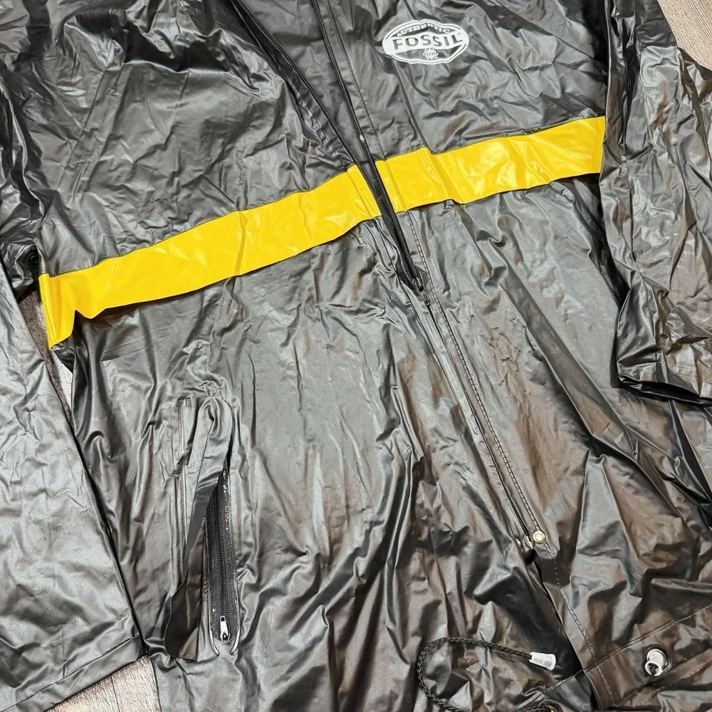 Fossil Authentic PVC Hooded Rain Jacket Black Yellow Stripe Full Zip Mens Medium